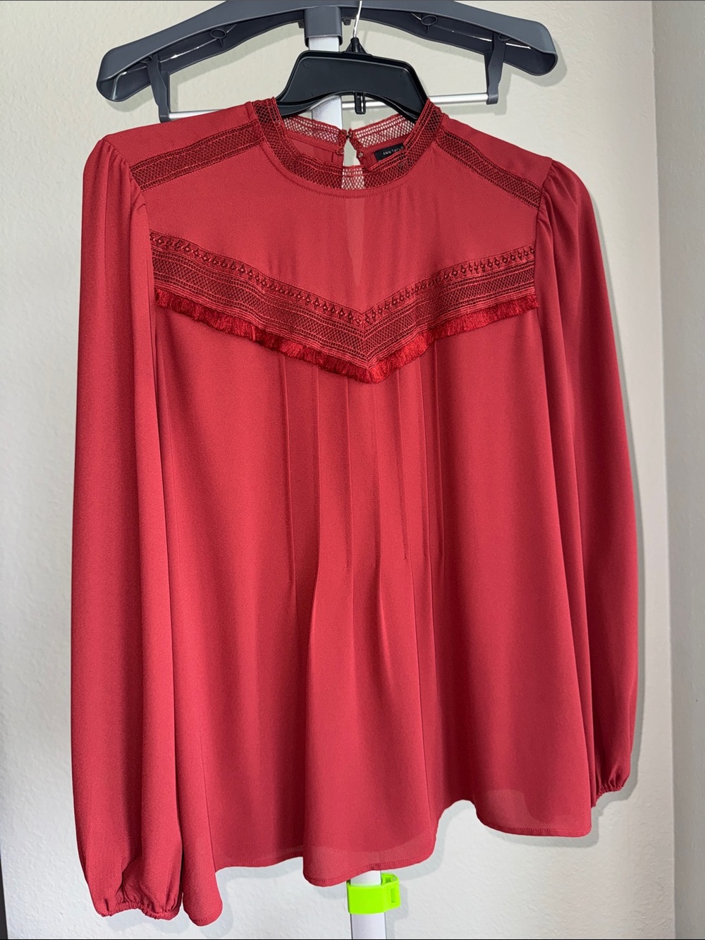 Ann Taylor Women's Red Long-Sleeve Lace Yoke Blouse